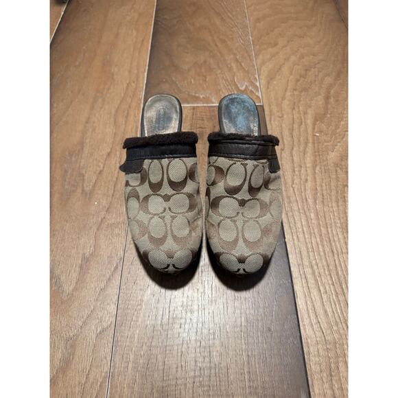 Coach Signature Clog Mules Vintage Shearling Trim Wooden Heel Slides 6.5 - Picture 3 of 7